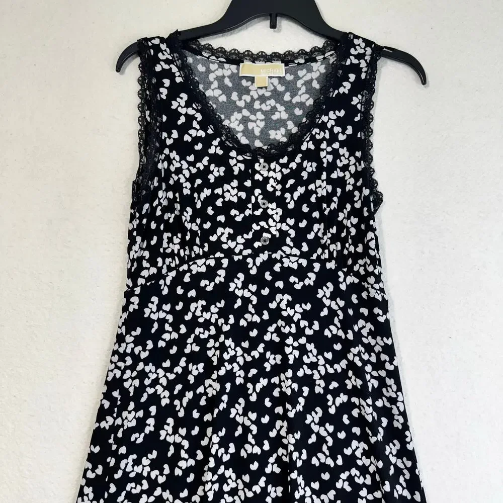 Michael Kors MK Black Lace Trim Sleeveless Dress White Heart Pattern Size Small